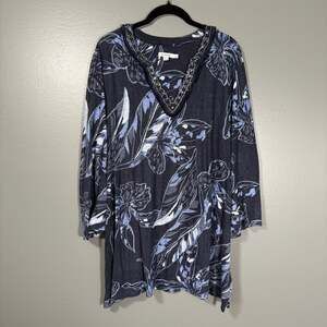 Chico's Blue Linen Boho Beaded Fringe Tunic Top - 4 (XXL) - Women's Plus Size